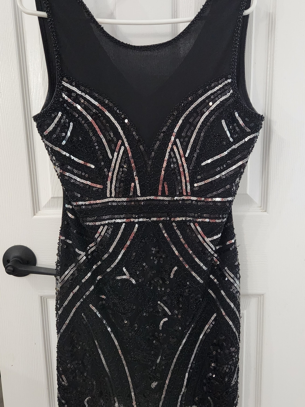 Suzy Shier Black Sequin Midi Dress with Silver Accents